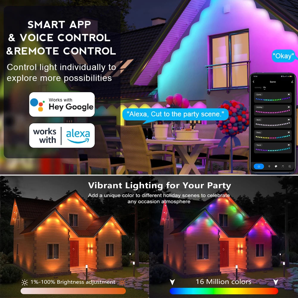 BEIMU 2.4 GHz WiFi Permanent Outdoor Lights Smart Life APP Control,100ft Smart RGBIC Christmas Light Work with Alexa Google Home