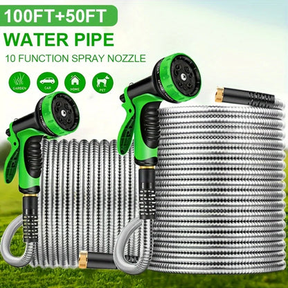 2Set of Stainless Steel Hose Used in Garden - 100Feet and50Feet，Lightweight and Durable，With High Pressure Nozzle，Suitable for C