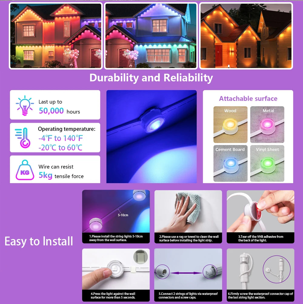 BEIMU 2.4 GHz WiFi Permanent Outdoor Lights Smart Life APP Control,100ft Smart RGBIC Christmas Light Work with Alexa Google Home