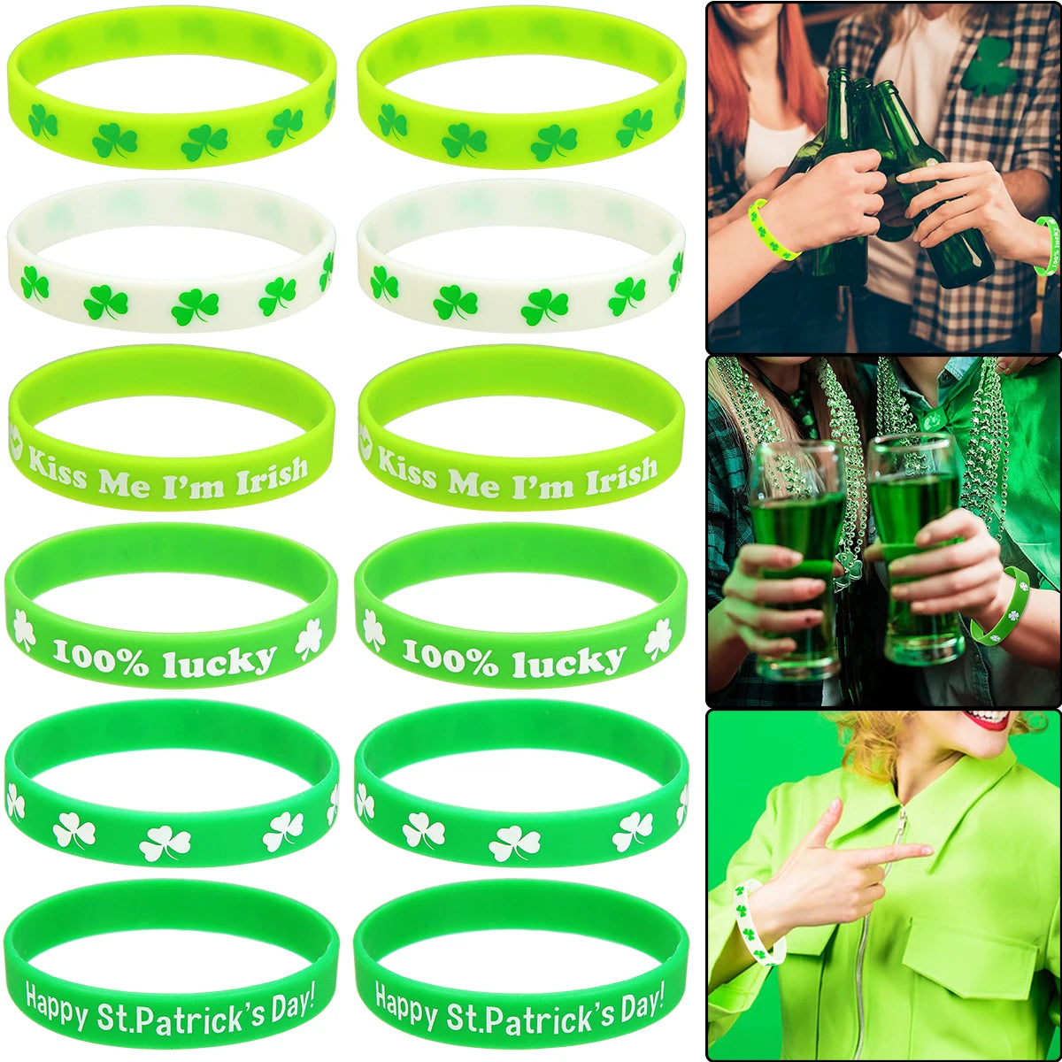 12Pcs St. Patrick Day Bracelet Irish Festival Wristbands Silicone Lucky Shamrock Decor For Party Accessories Supplies