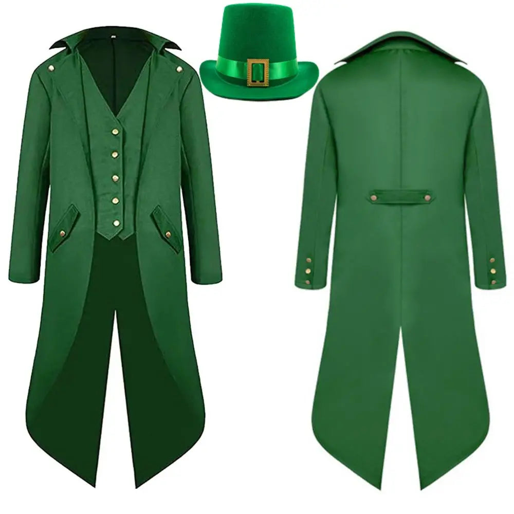 St Patrick's Day Costume Men Steampunk Retro Cosplay Jacket Coat Hat Men Male Disguise Outfits Halloween Carnival Party Suit