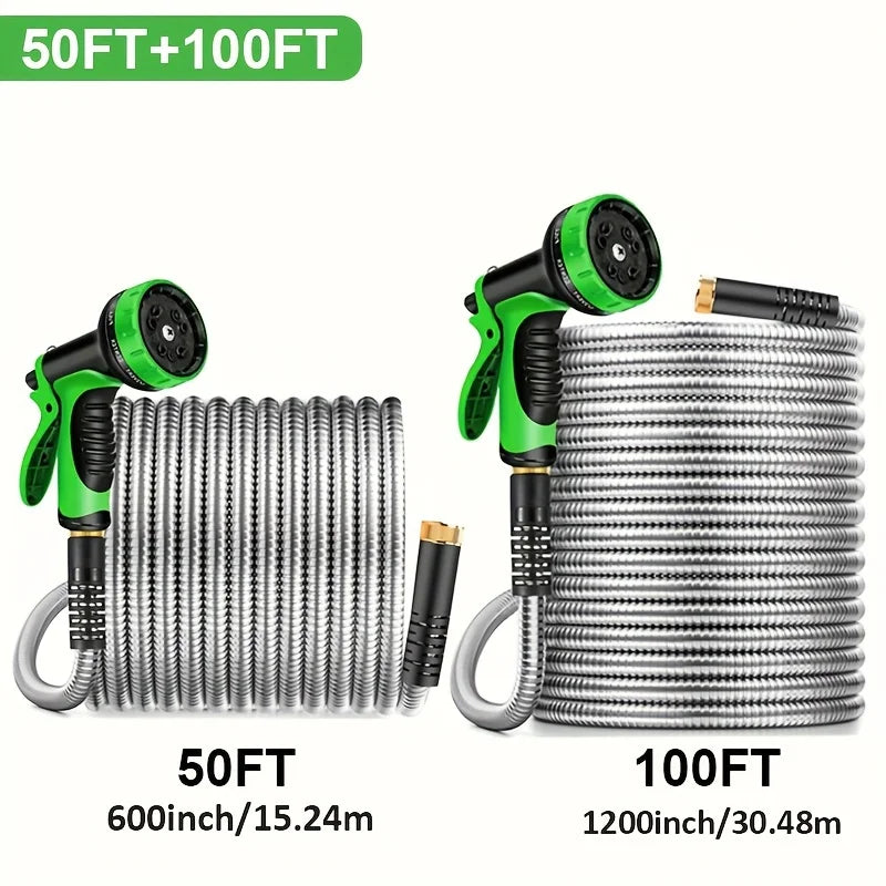 2Set of Stainless Steel Hose Used in Garden - 100Feet and50Feet，Lightweight and Durable，With High Pressure Nozzle，Suitable for C